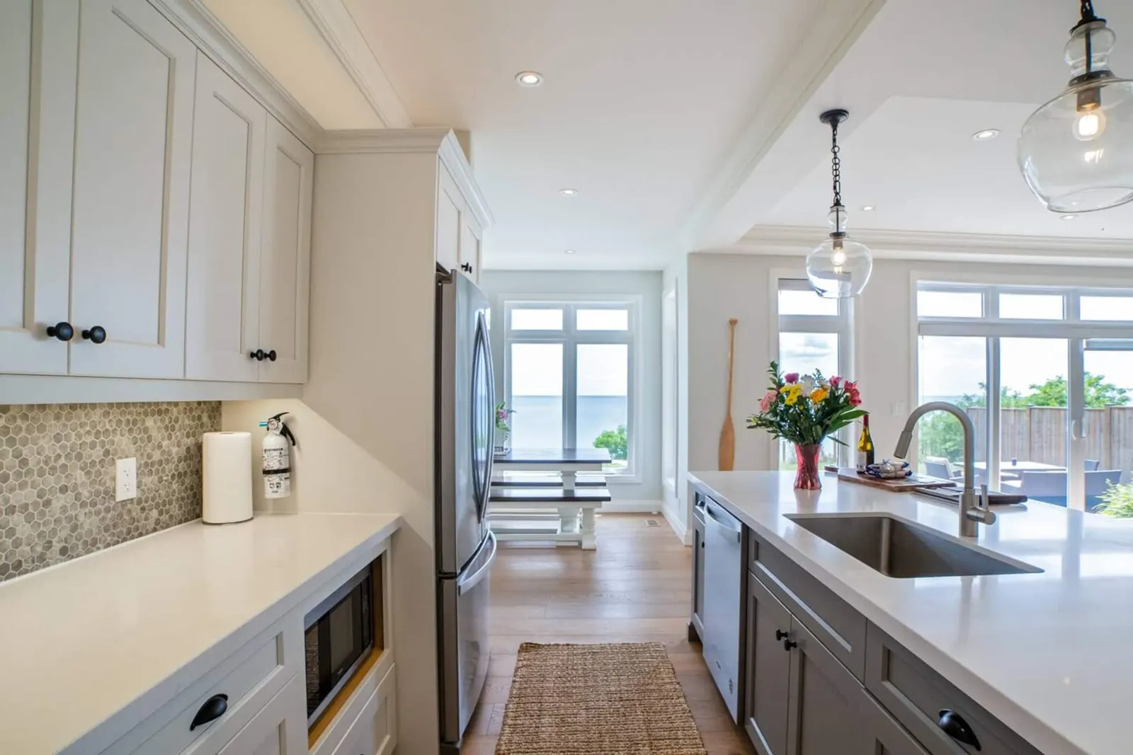 Kitchen with white quartz counters